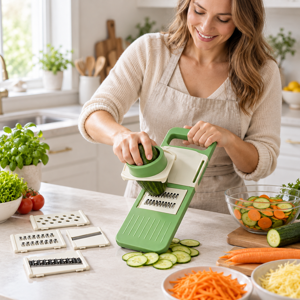 Multi-Function Vegetable Grater with Interchangeable Blades and Hand Guard for Slicing, Shredding and Everyday Food Prep