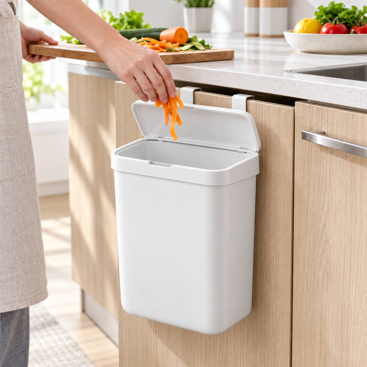 10 L Hanging Kitchen Waste Bin with Flip Lid and Cabinet Door Hooks for Countertop Cleanup and Household Storage
